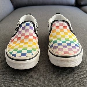 VANS Kids Rainbow Checkered Slip Ons, Size 13.